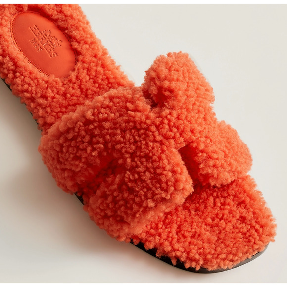 Hermes Oran Teddy Shearling Fur Orange H Logo Slide Sandal Mule Flat Flop 36.5 - Picture 6 of 12